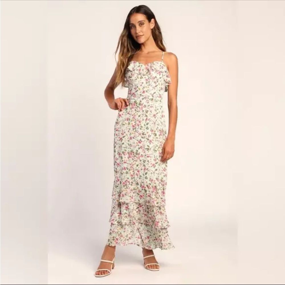 Nwt! Lulu's Darling Blossoms Mint Floral Print Ruffled Maxi Dress - M